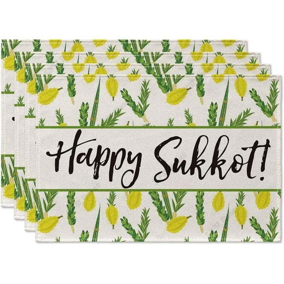 Happy Sukkot Branches Etrog Placemats Set of 4 12x18h Sukkah Jewish Fall Watercolor Table Mats for Dining Decoration