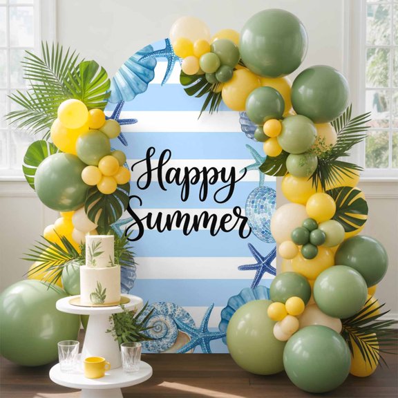 Happy Summer Arch Backdrop Cover, 4FT, Blue Starfish Shell Seashell Ocean Striped Spandex Arch Covers Double-Sided Backdrop for Wedding Birthday Party Photo Background Decoration