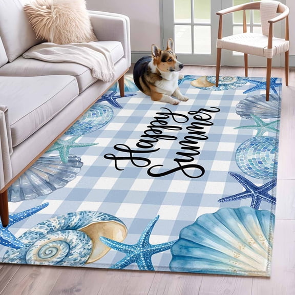 Happy Summer Area Rugs 4x6 ft Blue Starfish Shell Seashell Oceans Life Plaid Washable Rug Non Slip Indoor Carpet Absorbent Floor Mat for Living Room Bedroom Dining Room