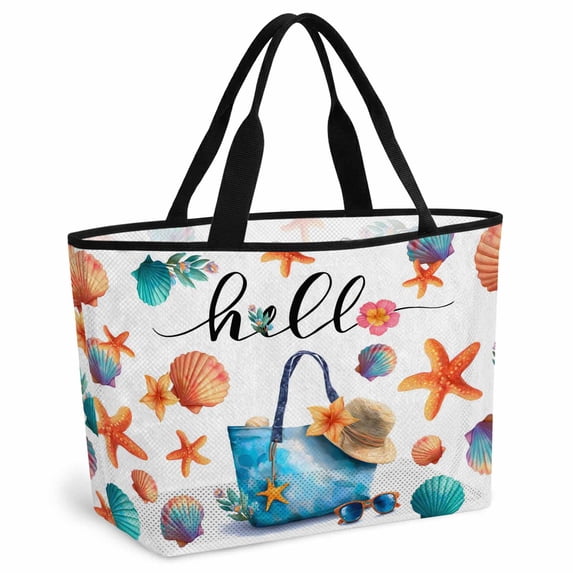 Happy Summer Beach Bag for Women, Large Breathable Mesh Beach Tote Bag, Ocean Beach Starfish Shell Bag Watercolor Sandproof Lightweight Travel Bags for Vacation Picnic Swimming Pool 15.7"x15.7"x9.1"