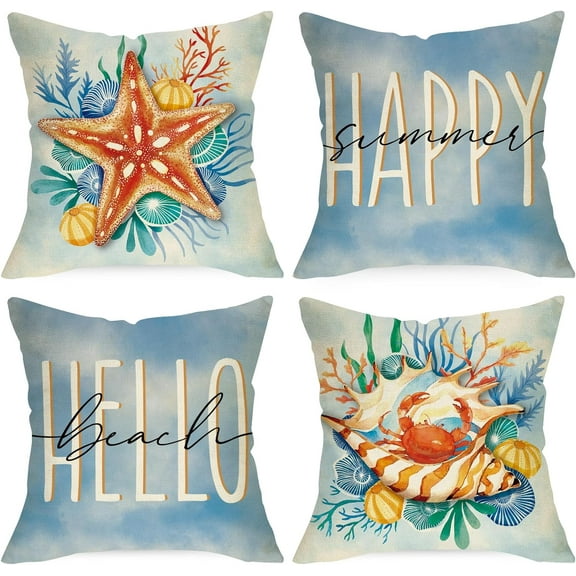 Happy Summer Decorative Throw Pillow Covers 18 x 18 Set of 4, Hello Beach Coastal Starfish Conch Blue Cushion Case Decor, Nautical Coral Seasonal Home Decoration for Sofa Couch