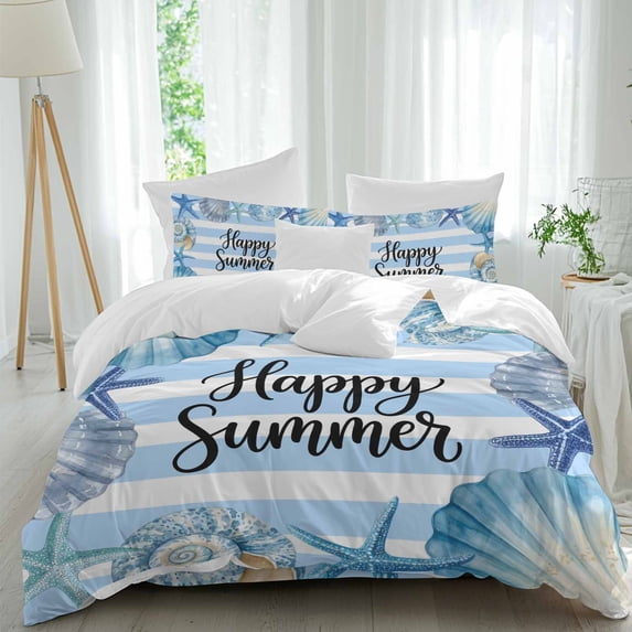 Happy Summer Duvet Cover Set Full Size, Blue Starfish Shell Seashell Ocean Striped 4 Piece Bedding Set with Zipper Closure & Corner Ties Soft Breathable Comforter Cover for Bedroom