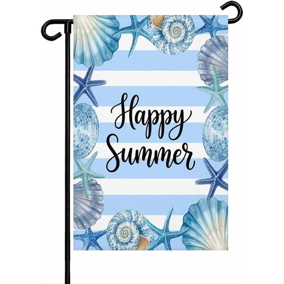 Happy Summer Garden Flag 12x18 Inch Blue Starfish Shell Seashell Ocean Striped Double Sided Yard Flags for Outdoor Decoration Welcome Flag Outside Holiday Home Garden Porch lawn Patio Sign