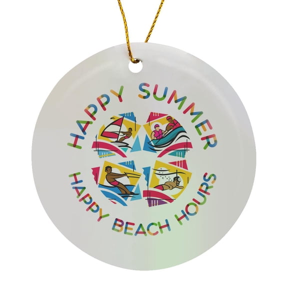 3drose, Happy Summer, Happy Beach Hours Colorful Summer Water Sports Gift, Circle Porcelain Ornament