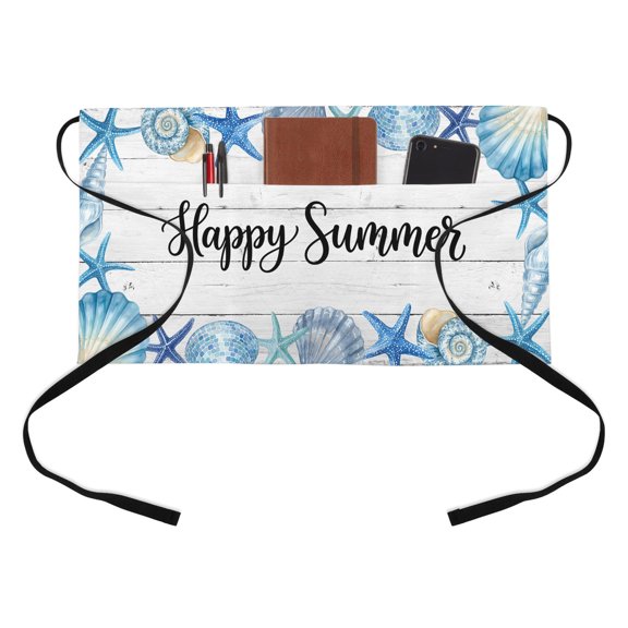 Happy Summer Kitchen Restaurant Half Waist Apron, Blue Starfish Shell Seashell Oceans White Wood Striped Server Short Apron with 3 Pockets Waterproof Oil Waist Aprons for Women Waitress Waiter