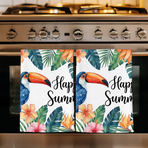Happy Summer Kitchen Towels Set of 4, Tropical Palm Leaves Floral Watercolor Absorbent Dish Towels for Kitchen, Microfiber Hand Towel, Quick Drying Tea Towel for Cleaning Decorative Dishcloths