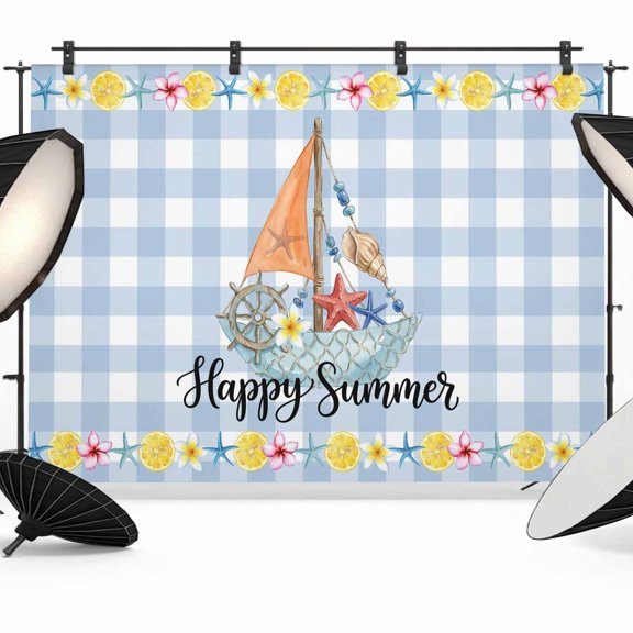 Happy Summer Photography Backdrop 7x5FT, Artistic Sailboats Retro Rudder Starfish Blue Plaid Photo Backdrops, Background for Photography Studio Photo Studio Background, Back Drop for Photoshoot