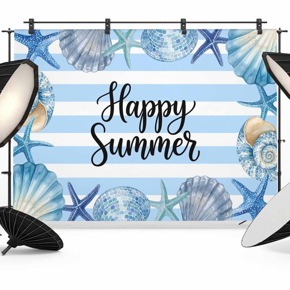 Happy Summer Photography Backdrop 7x5FT, Blue Starfish Shell Seashell Ocean Striped Photo Backdrops, Background for Photography Studio Photo Studio Background, Back Drop for Photoshoot
