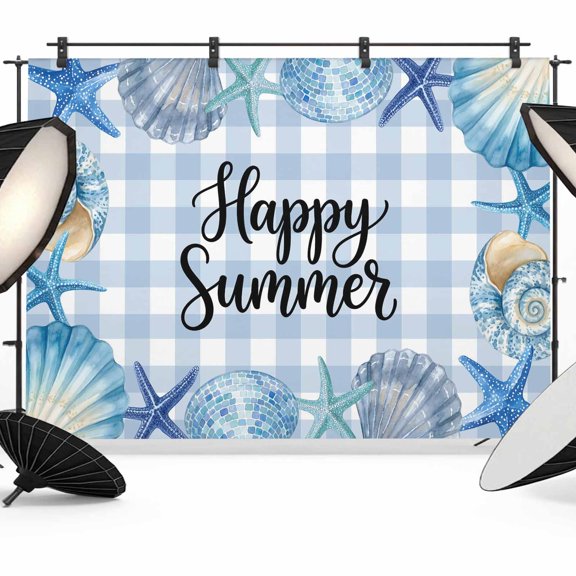 Happy Summer Photography Backdrop 7x5FT, Blue Starfish Shell Seashell Oceans Life Plaid Photo Backdrops, Background for Photography Studio Photo Studio Background, Back Drop for Photoshoot