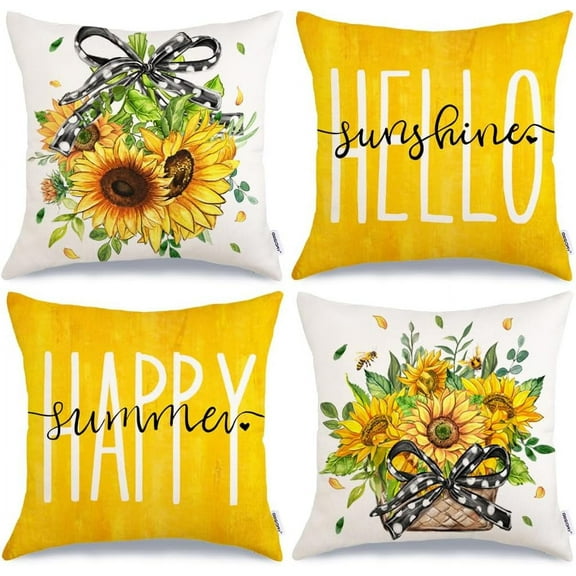 Happy Summer Pillow Covers 18x18 Inch Set of 4, Floral Sunflower Hello Sunshine Yellow Farmhouse Decorative Throw Pillowcases for Home Sofa Couch Decoration G524-18