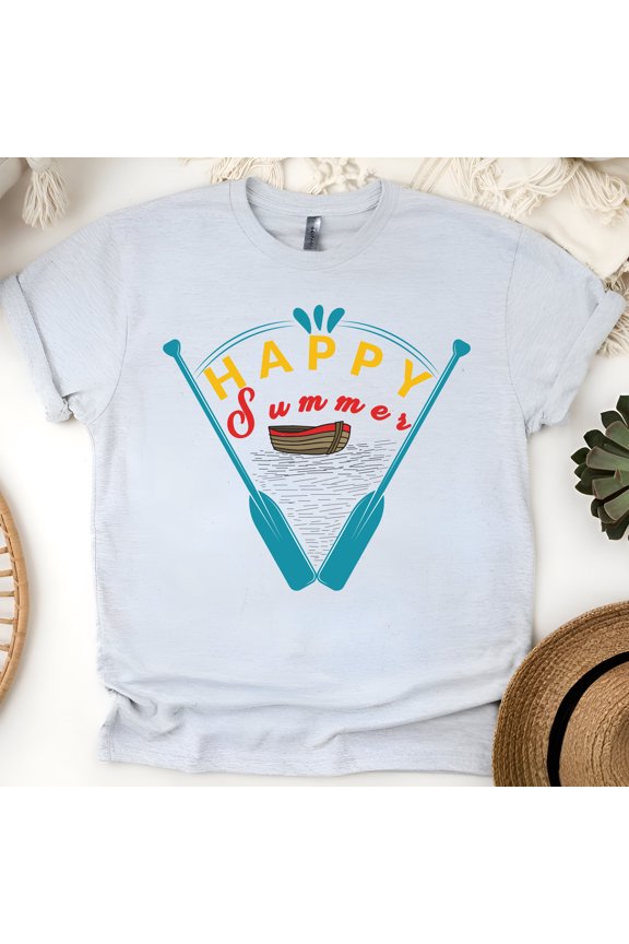 Happy Summer Rowing T-Shirt – Vintage Boat and Oars Graphic Tee, Ash, Size XL