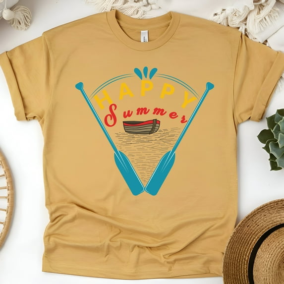 Happy Summer Rowing T-Shirt – Vintage Boat and Oars Graphic Tee, Gold, Size 2XL