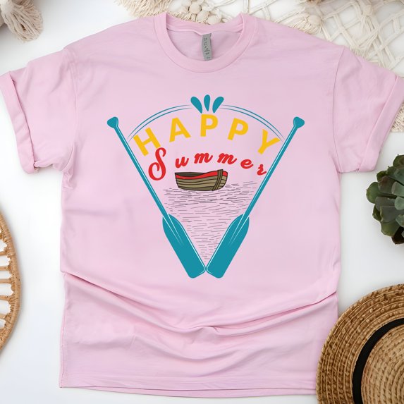 Happy Summer Rowing T-Shirt – Vintage Boat and Oars Graphic Tee, Light Pink, Size 3XL