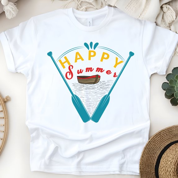 Happy Summer Rowing T-Shirt – Vintage Boat and Oars Graphic Tee, White, Size S