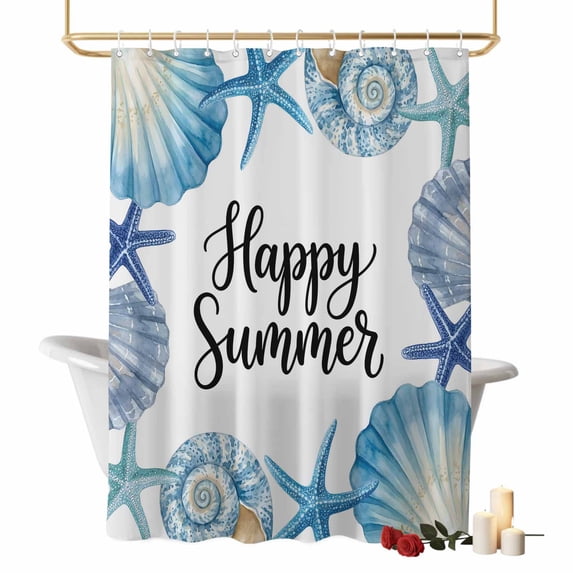 Happy Summer Shower Curtains for Bathroom, Blue Starfish Shell Seashell Oceans Life Washable Fabric Shower Curtain with Hooks Waterproof Bathroom Decor Sets, 48 x 72 Inches
