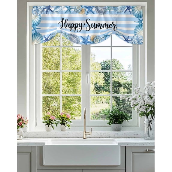 Happy Summer Tie Up Valances Curtain, Adjustable Kitchen Blue Starfish Shell Seashell Ocean Striped Valances for Windows Decor, Rod Pocket Short Curtains Set for Bedroom/Bathroom, 42"x18"