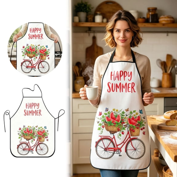 Happy Summer Vintage Red Bicycle Watermelon Basket Print Kitchen Apron Adjustable Neck Tie Design For Cooking BBQ Grilling Gardening Daily Use(Happy Summer-60x80cm)
