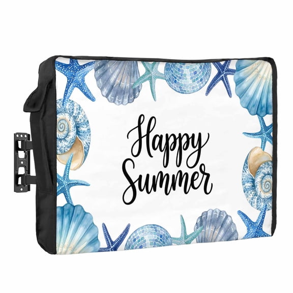 Happy Summer Waterproof Outdoor TV Cover, Blue Starfish Shell Seashell Oceans Life Outside Weatherproof TV Enclosures for 70 to 75 Inch LCD Television Shield Flat Screen Protectors