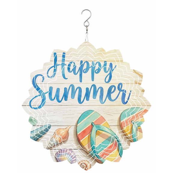Happy Summer Wind Spinner for Garden Yard 8In, Sea Stars Shells Slippers Wooden Stripes 3D Stainless Steel Kinetic Hanging Wind Spinners Rustproof Outdoor Decor for Lawn Patio Home