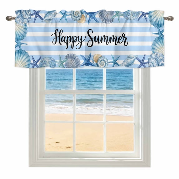 Happy Summer Window Valance for Kitchen, Blue Starfish Shell Seashell Ocean Striped Rod Pocket Short Curtain for Small Windows, Light Filtering Decorative Valance, 56 x 16 Inch