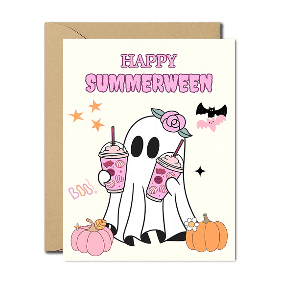 Happy Summerween Ghost Greeting Card  Fun and Whimsical Design with Pink Shakes and Pumpkins  Perfect for Summer and Halloween Celebrations  Envelope Included