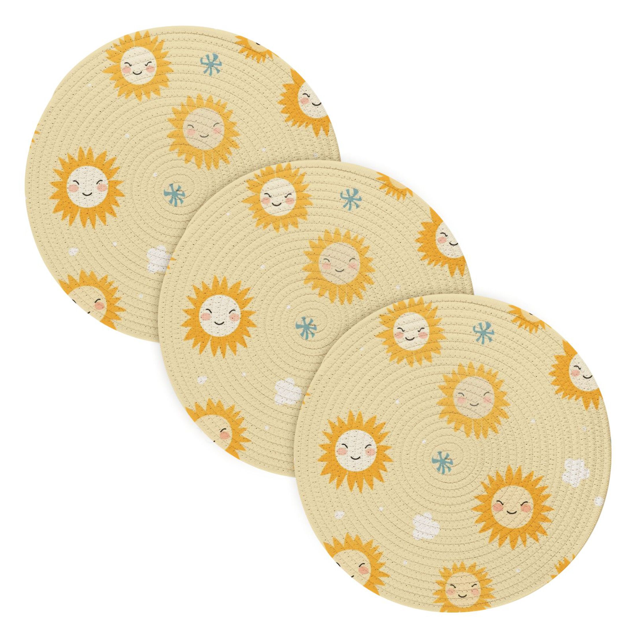 Happy Sun Face 3 Pcs Pot Holders Trivets Set Woven HeatResistant