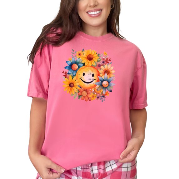 Happy Sunflower and Floral T-Shirt, Cute Smiley Face Sun and Flowers Tee, Artistic Sunshine Graphic Tee, Colorful Flower Design Shirt, Crunchberry Comfort Colors T-Shirt, 2XL