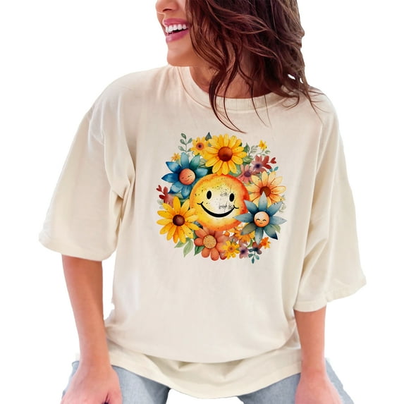 Happy Sunflower and Floral T-Shirt, Cute Smiley Face Sun and Flowers Tee, Artistic Sunshine Graphic Tee, Colorful Flower Design Shirt, Ivory Comfort Colors T-Shirt, XL