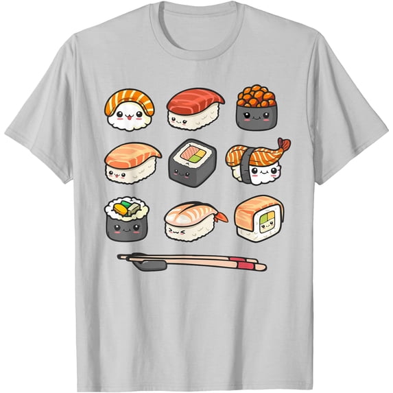 Happy Sushi Anime Kawaii Set Japanese Food Lover Otaku Manga Softstyle Unisex T-Shirt,Ice Grey Color,Size XL