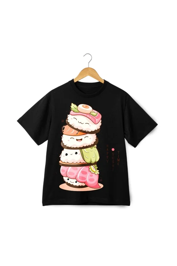 Happy Sushi Time Kawaii Japanese Food Stack Graphic Artistic Unisex T-Shirt ,up to size 5XL