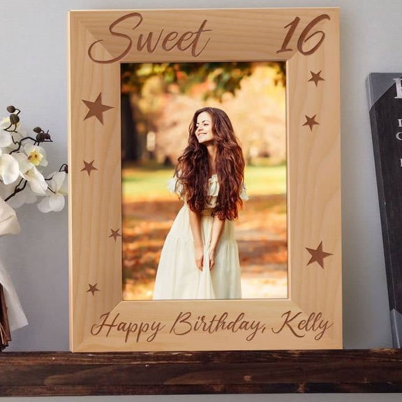 Happy Sweet 16 Birthday Personalized Wooden Picture Frame 8" x 10" Brown (Vertical)