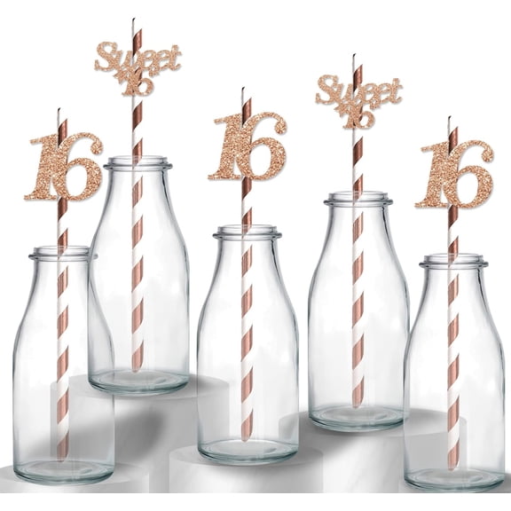 Happy Sweet 16 Birthday Straws, Rose Gold Glitter 16 Years Old Paper Straws, 16th Anniversary/Birthday Party Drinking Decorative Straws - 12pcs