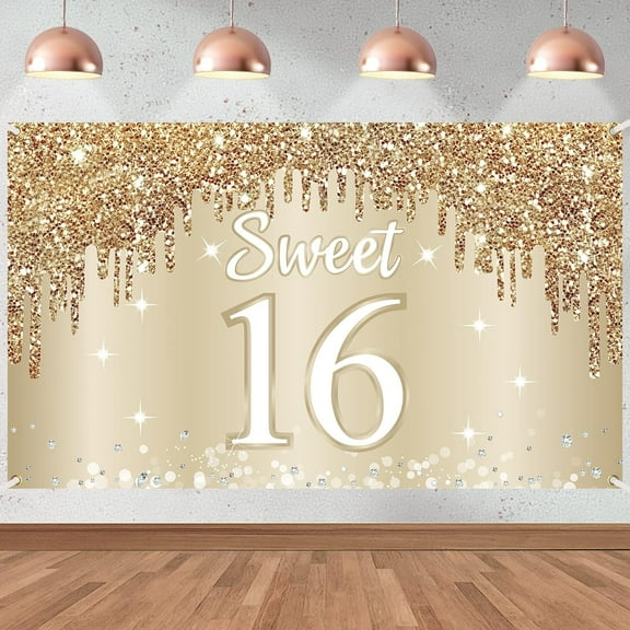 Happy Sweet 16th Birthday Banner Backdrop Decorations for Girls, Gold White Sweet 16 Birthday Sign Party Supplies, Sixteen Year Old Birthday Photo Booth Background Poster