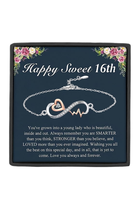 Sweet 16th Birthday Infinity Heart & Heartbeat Bracelet,Inspirational Message Card Gift Set for Teen