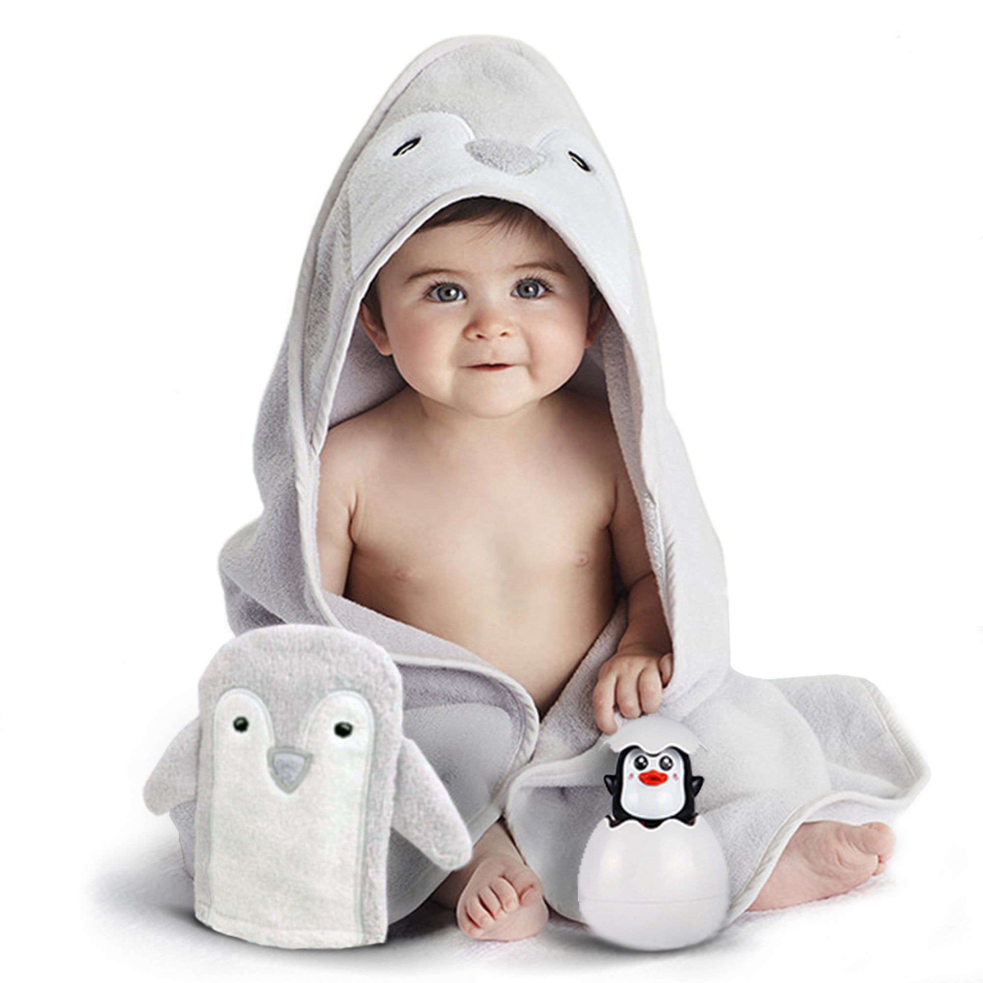 Happy & Sweet Personalized Hooded Baby Towel Organic Bamboo Baby Shower Gift Boy Girl Penguin Toy
