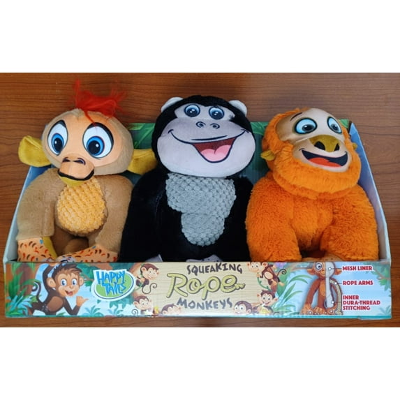 HappyTails Canine Wellness 3-Piece Plush & Squeaky Dog Toy Set with Rope Arms, Multicolor