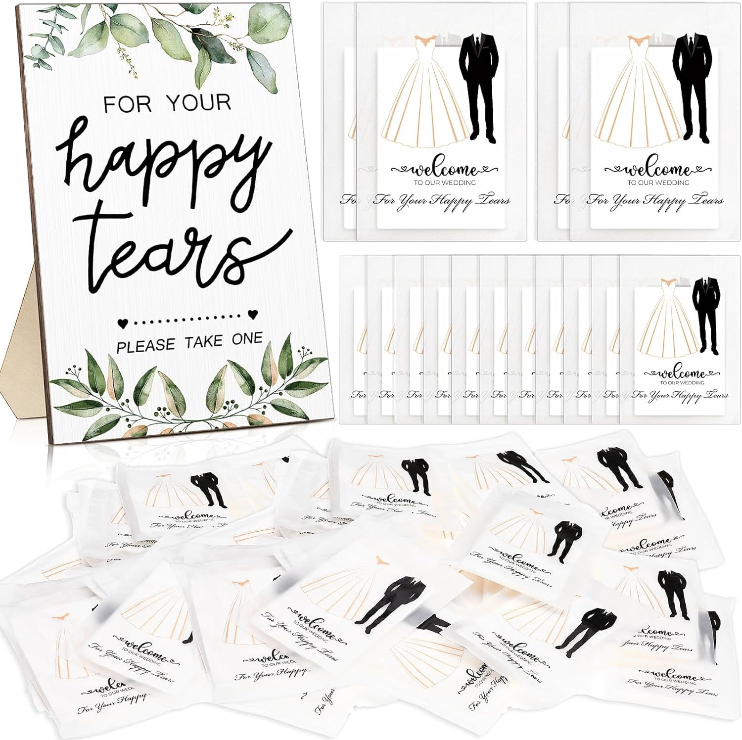 Happy Tears Tissue Packs for Wedding 1 Wood Sign 100 Pcs 3 Ply for Your Happy Tears Wedding Tissues for Hotel Guests Party Supplies