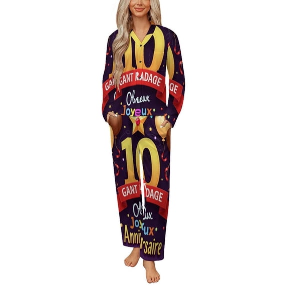 Happy Tenth Anniversary Festive Celebration Womens Pyjamas Set Button Up Pyjamas Womens with Long Sleeve Top And Wide Leg Pants V-neck Loungewear Sets