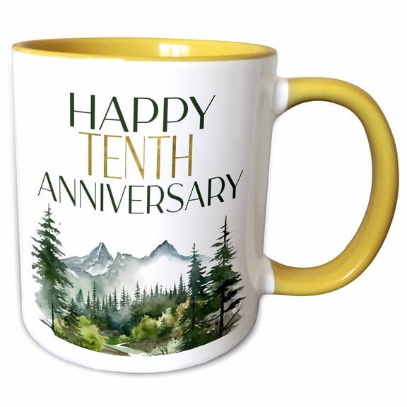 3drose, Happy Tenth Anniversary Forest Scene, 11oz Two-tone Yellow Mug