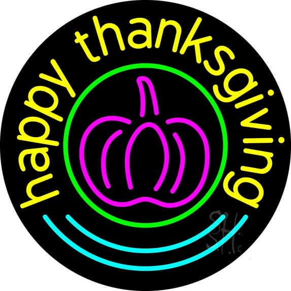 Happy Thanksgiving 2 LED Neon Sign 18 x 18 - inches, Clear Edge Cut Acrylic Backing, with Dimmer - Bright and Premium built indoor LED Neon Sign for special occasion decor.
