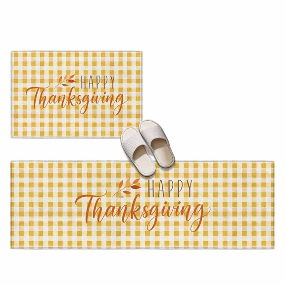 Happy Thanksgiving 2 Pieces Non-Slip Kitchen Mat Set, Amber Orange Plaid Backdrop Rustic Soft Door Mat with Rubber Backing, Dirtproof Rugs for Entrance Doorway, 23.6x35.4in+23.6x70.9in