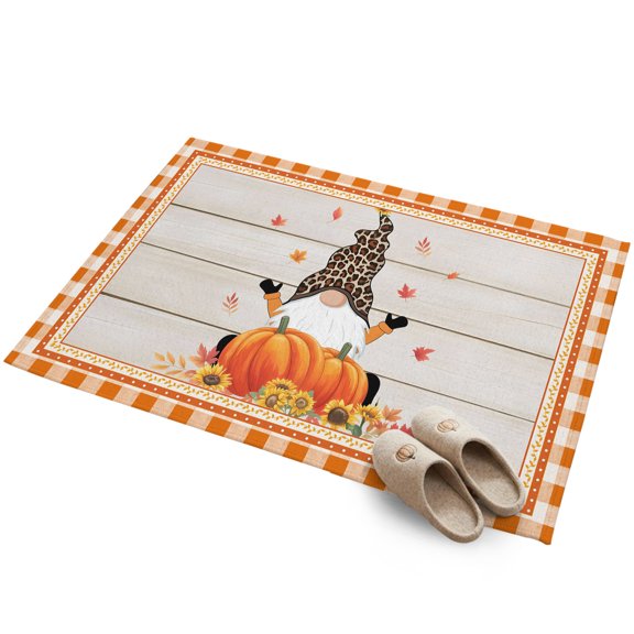 Happy Thanksgiving 2'x3' Small Rugs for Entryway Front Door Kitchen Sink Area, Fall Gnome Harvest Plaid Wood Texture Soft Sturdy Mats Washable Non Slip Rectangle Area Rug