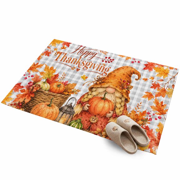 Happy Thanksgiving 2'x3' Small Rugs for Entryway Front Door Kitchen Sink Area, Fall Gnome Orange Pumpkin Maple Leaf Gray Plaid Soft Sturdy Mats Washable Non Slip Rectangle Area Rug