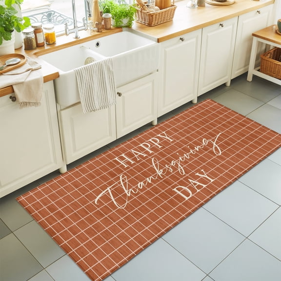 Happy Thanksgiving 2'x6' Runner Rugs for Hallway Walkway Kitchen Galley, Rustic Script Striped Background Terracotta Soft Sturdy Washable Mats Non Slip Long Corridor Area Rug