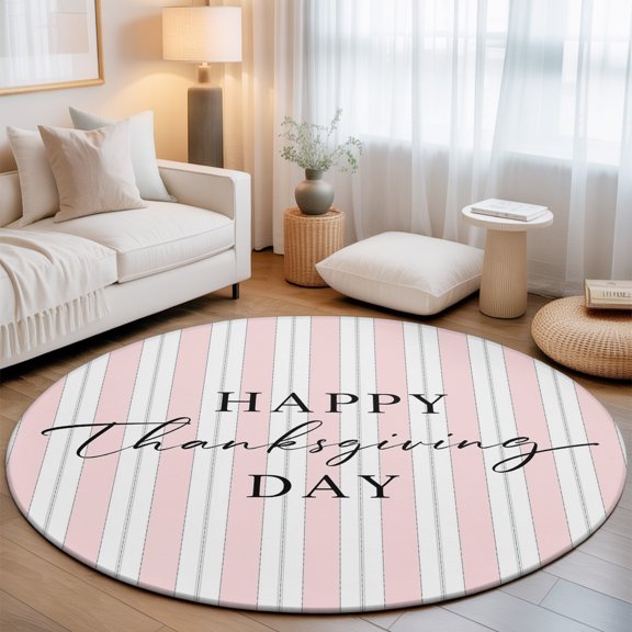 Happy Thanksgiving 3.3' Round Washable Rugs for Bedside Reading Corner, Rustic Script Striped Background Soft Pink Stain Proof Non Slip Circle Area Rug for Entryway Front door