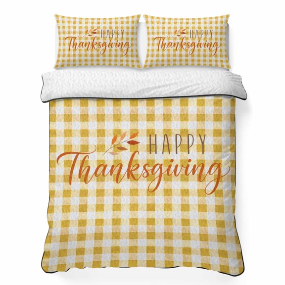 Happy Thanksgiving 3 Piece Quilt Set King Size, Amber Orange Plaid Backdrop Rustic Soft Bedspread Coverlet Bedding Set Microfiber Lightweight Comforter Set with 2 Pillowcases for Bedroom