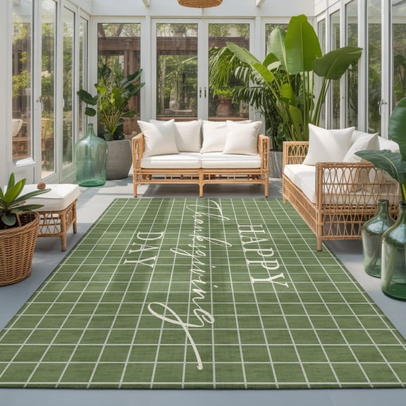 Happy Thanksgiving 3'x5' Entryway Rugs for Bedroom Foot of Bedside Small Living Room, Rustic Script Plaid Background Sage Green Washable Mats Non Slip Rectangle Area Rug
