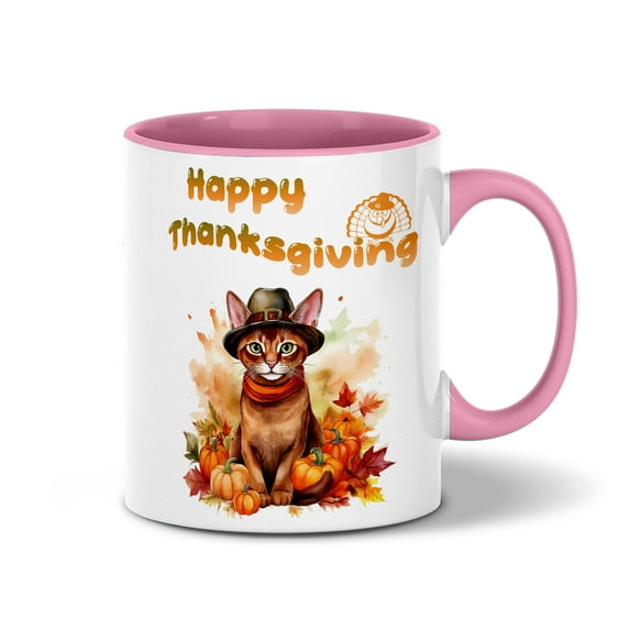 Happy Thanksgiving Abyssinian Welcome Thankful Fall Autumn Pumpkin 11oz Accent Two-tone Mug Cat Lover Kitten Owner Gifts Coffee Tea Cup - 02021