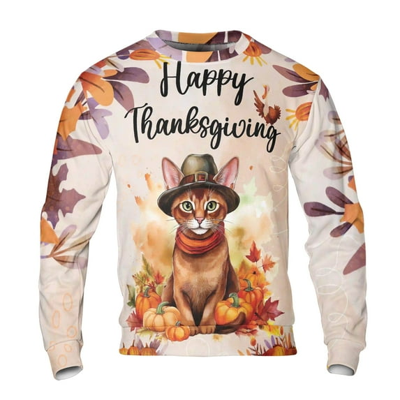 Happy Thanksgiving Abyssinian Welcome Thankful Fall Autumn Pumpkin All Over Print 3D Sweatshirt Unisex Merch Cat Lover Kitten Owner Gifts - 02021
