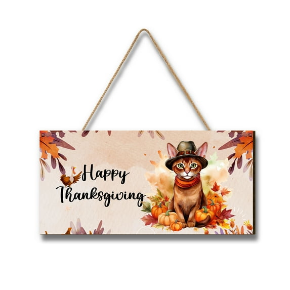 Happy Thanksgiving Abyssinian Welcome Thankful Fall Autumn Pumpkin Landscape Wood Sign Cat Lover Kitten Owner Gifts Hanging Wall Home Decor - 02021